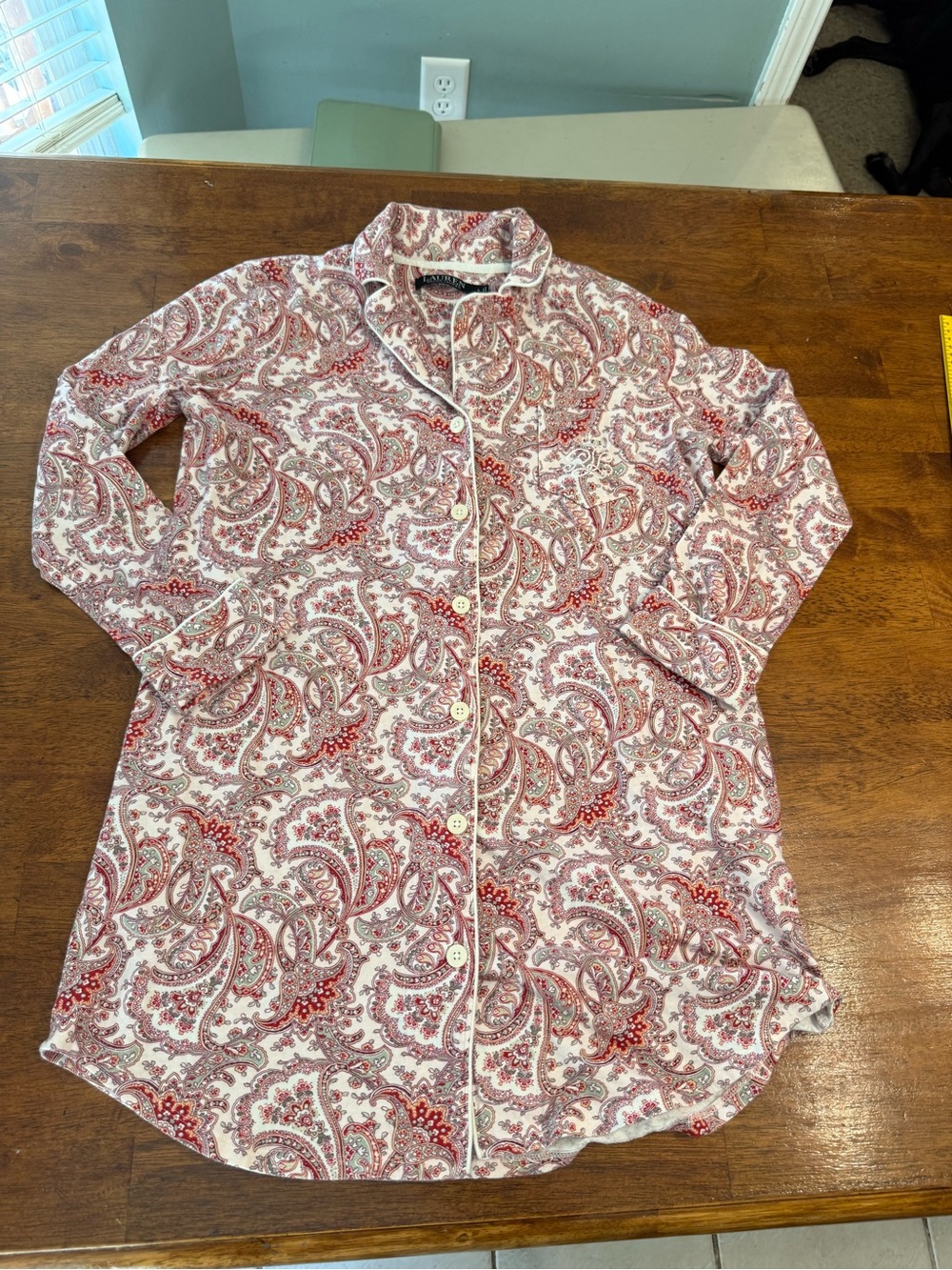 Lauren Ralph Lauren Red Paisley Cotton Sleep Shirt Nightgown Button Front Small